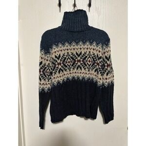 Sweater Project Fair Isle Turtleneck Sweater Navy Blue Cream Snowflake Size M